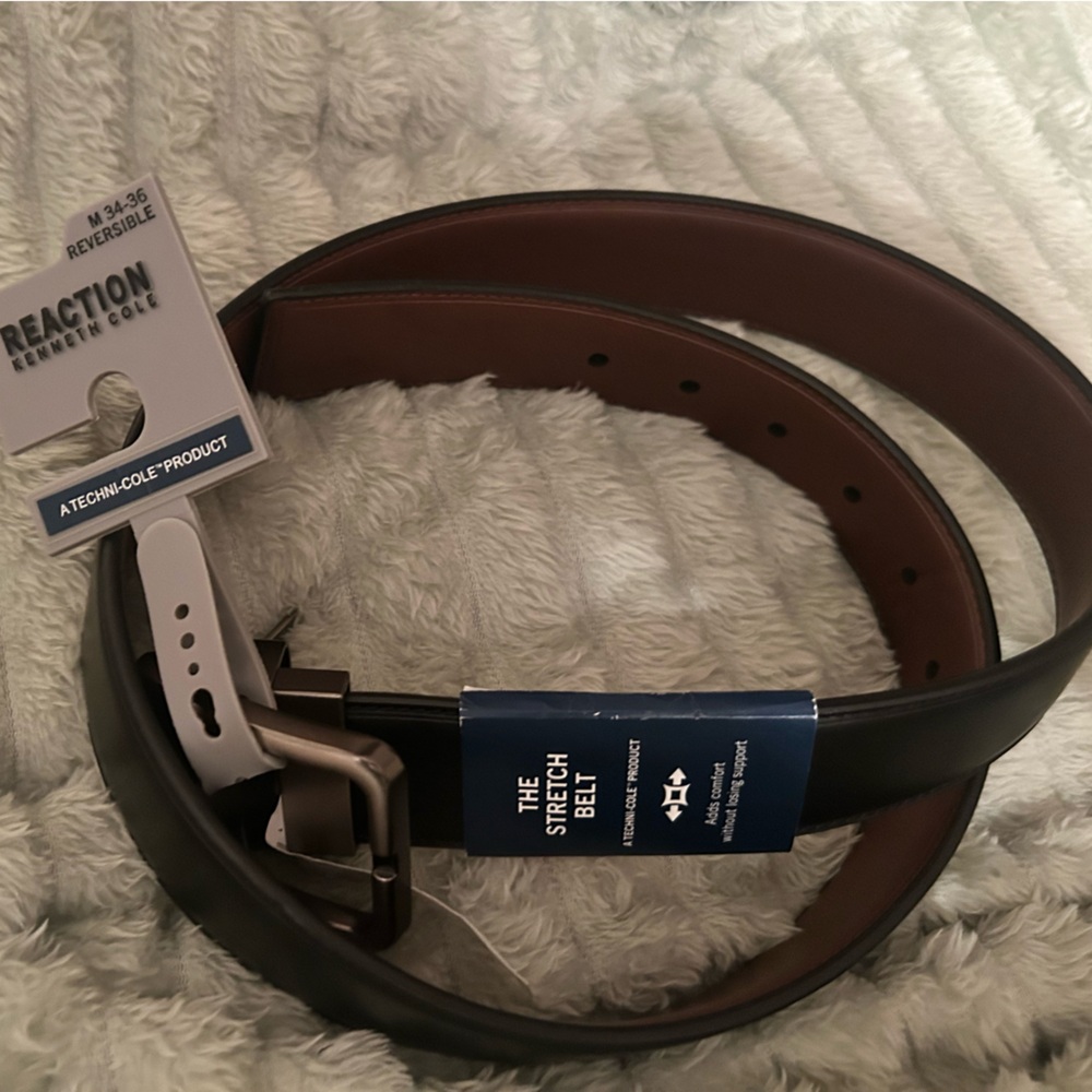 NWT Kenneth Cole Reaction Reversible Black/Brown Stretch Belt 34/36 Casual Forma